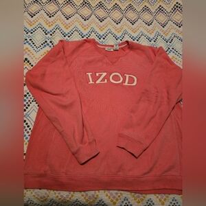 IZOD Women's Pink/peach Fuzzy 3d Spell Out Logo Casual Crewneck Sweater